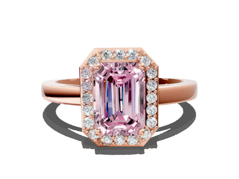 Rose gold Fancy Pink Emerald Cut Halo Diamond Ring with Solitaire Band and Prong Setting