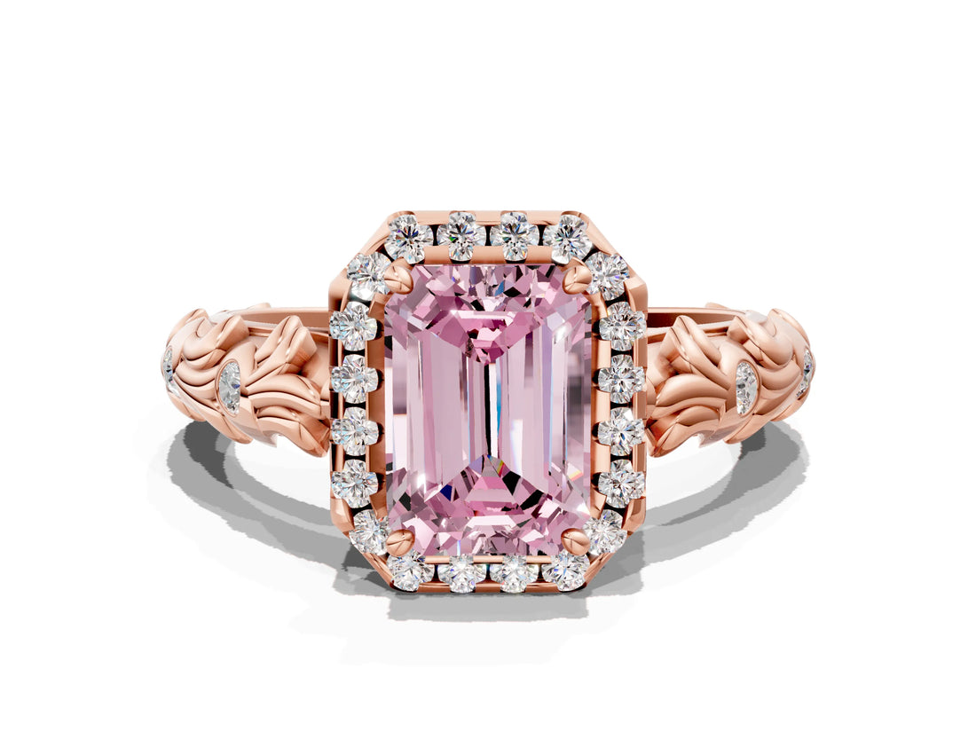 Rose gold Fancy Pink Emerald Cut Halo Diamond Solitaire with Filigree Band and Four-Prong Setting