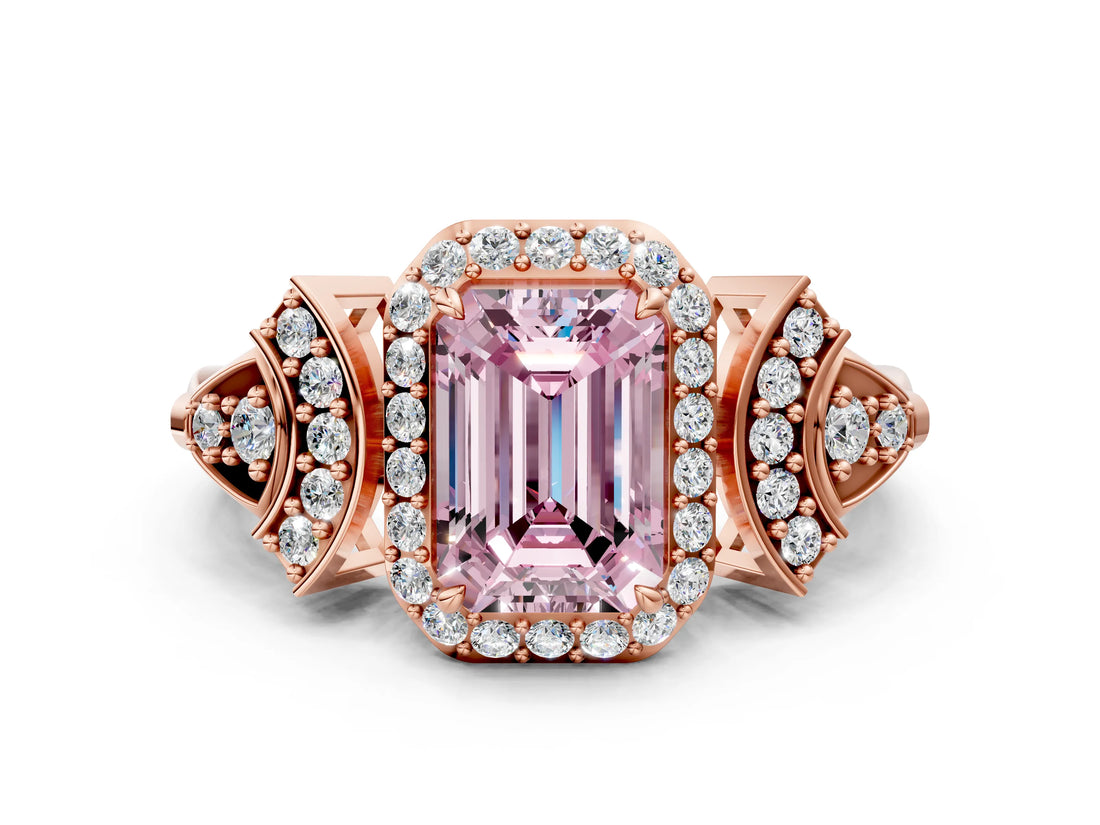 Rose gold Fancy Pink Emerald Cut Halo Diamond Split Shank Engagement Ring with Four-Prong Setting_6