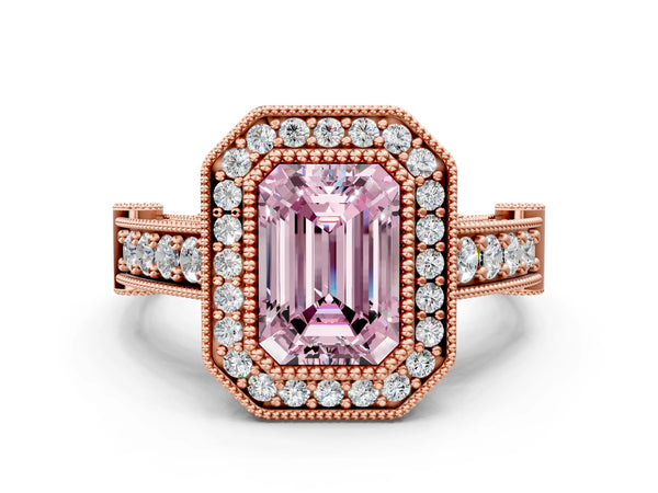 Rose Gold Emerald Cut Vintage Bezel Halo Engagement Ring Setting for Fancy Pink Center
