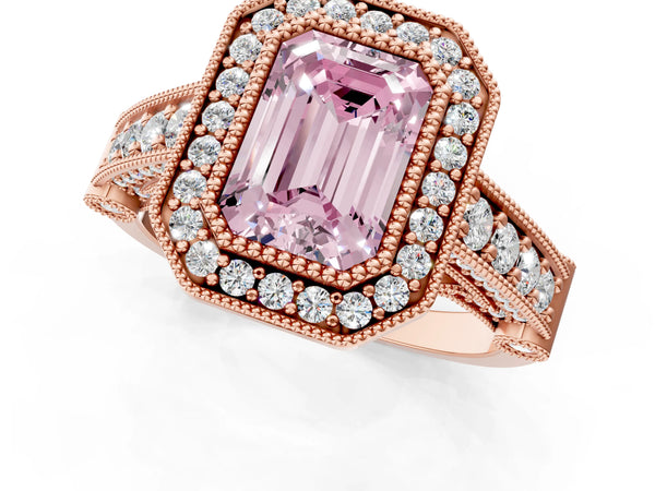Rose Gold Emerald Cut Vintage Bezel Halo Engagement Ring Setting for Fancy Pink Center