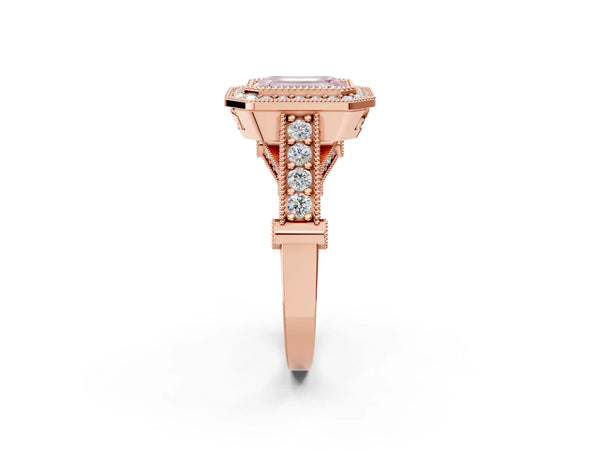 Rose Gold Emerald Cut Vintage Bezel Halo Engagement Ring Setting for Fancy Pink Center