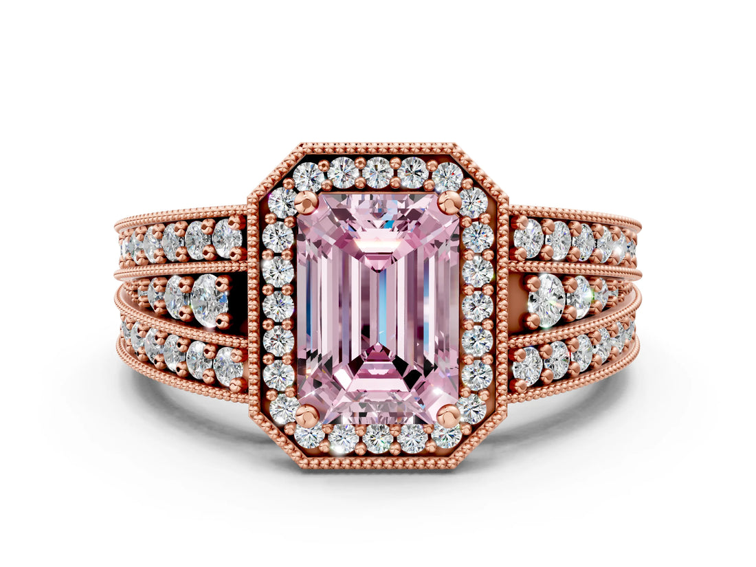 Rose gold Fancy Pink Emerald Cut Halo Diamond Split Shank Ring with Prong Setting_24