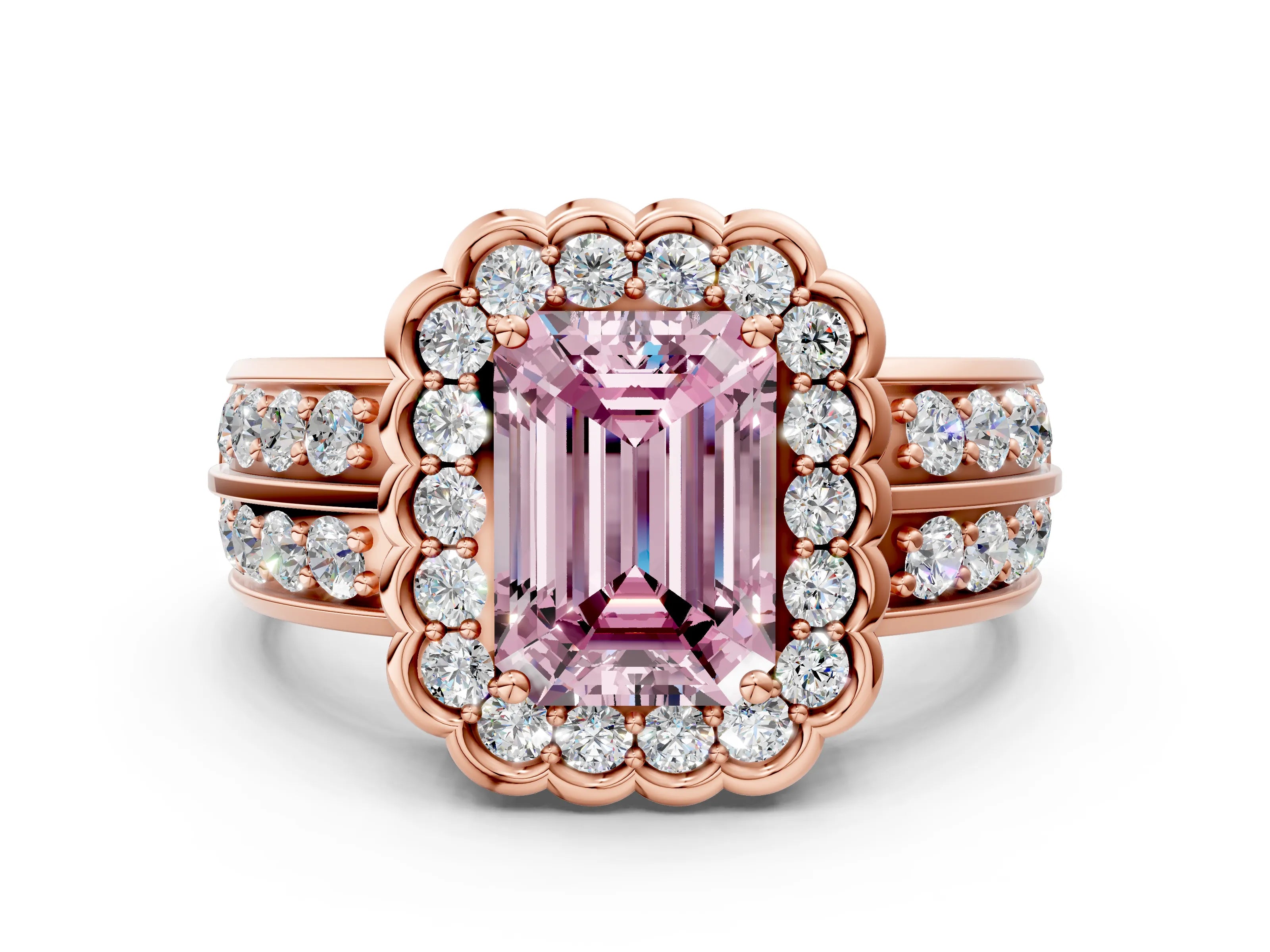 Rose gold Fancy Pink Emerald Cut Halo Diamond Split Shank Ring with Scalloped Prong Setting