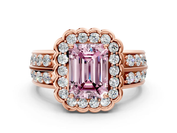 Rose gold Fancy Pink Emerald Cut Halo Diamond Split Shank Ring with Scalloped Prong Setting