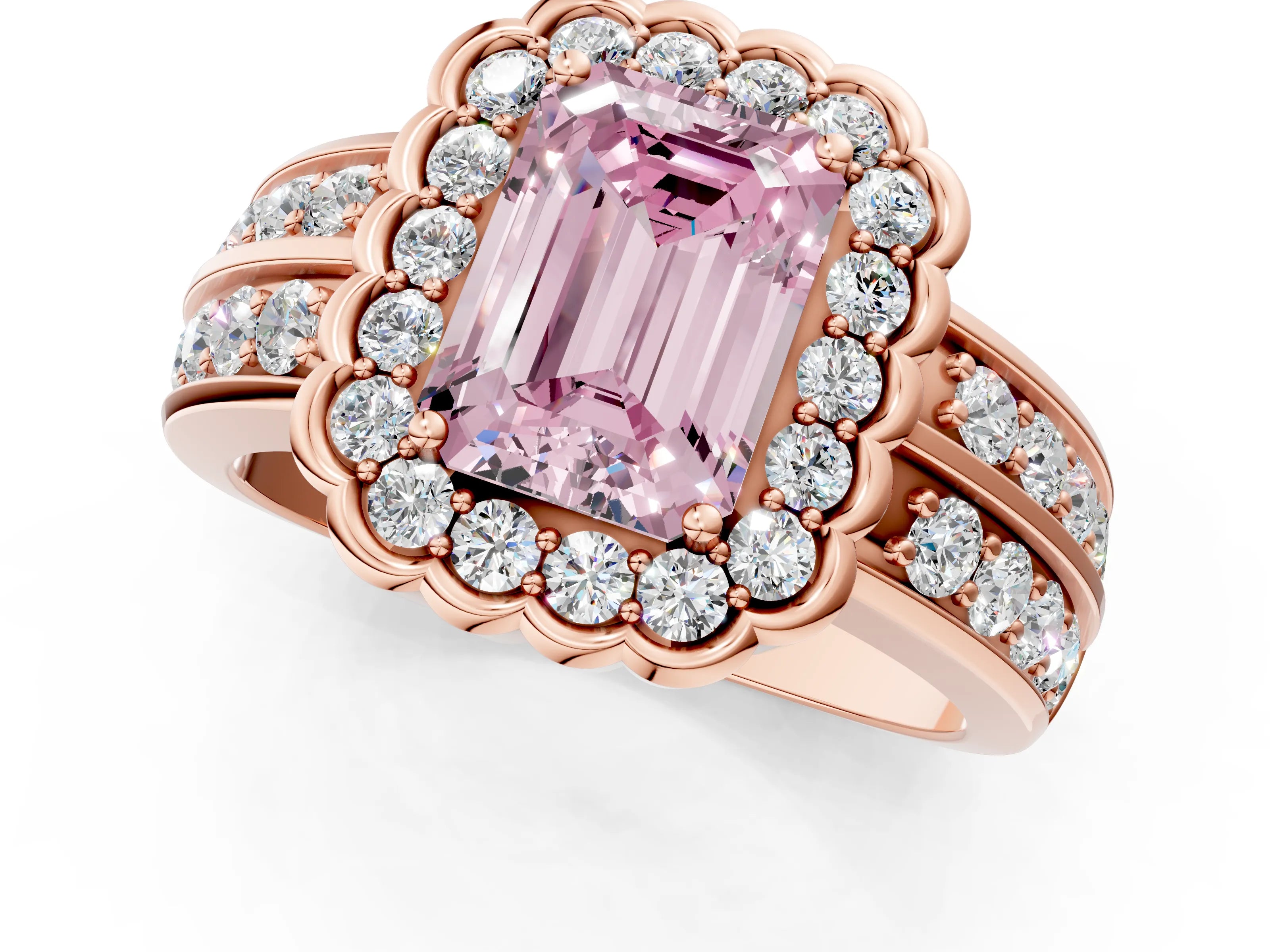 Rose gold Fancy Pink Emerald Cut Halo Diamond Split Shank Ring with Scalloped Prong Setting_1