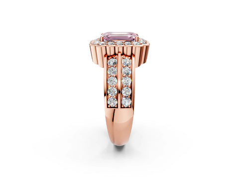 Rose gold Fancy Pink Emerald Cut Halo Diamond Split Shank Ring with Scalloped Prong Setting_2