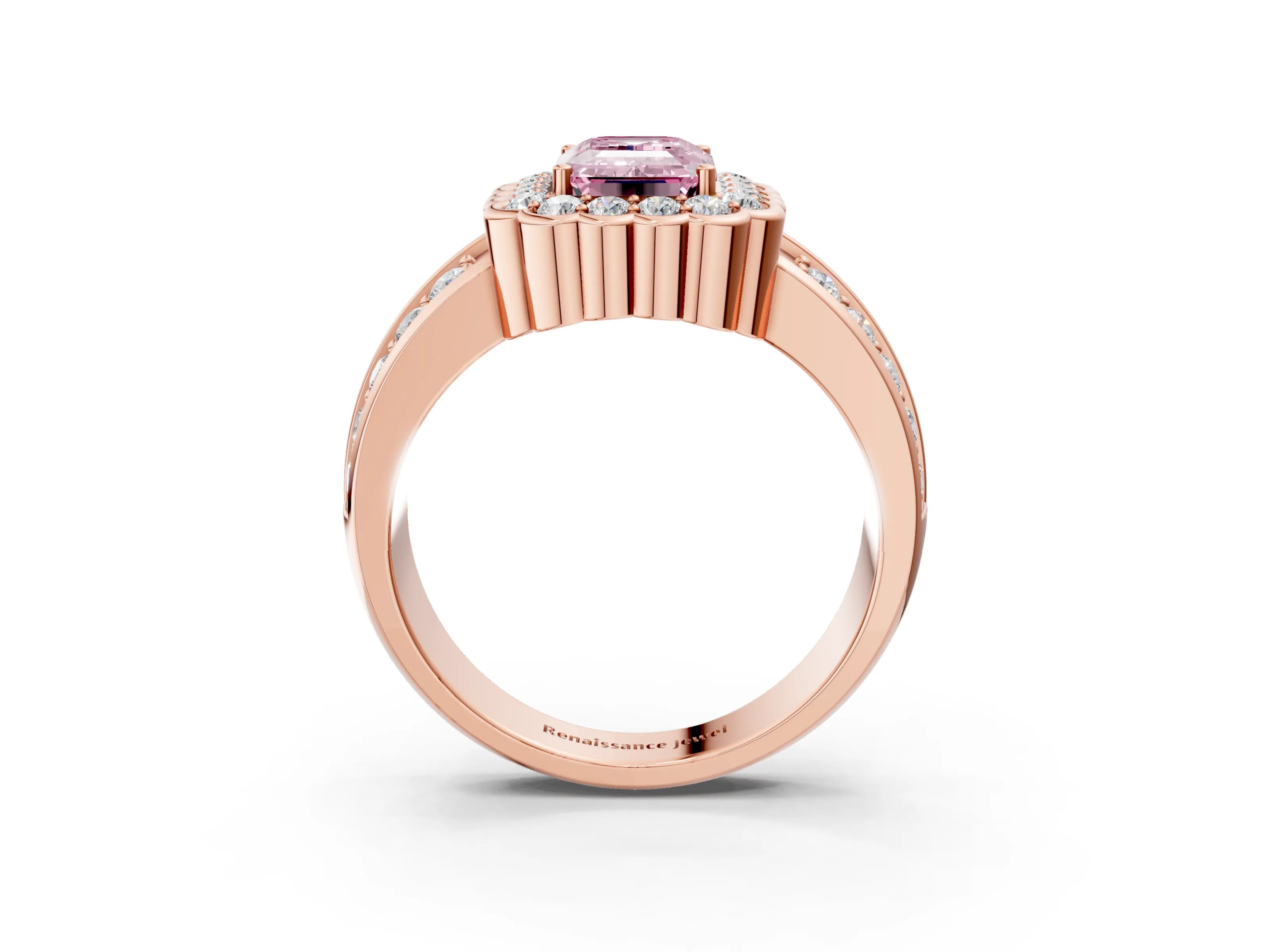 Rose gold Fancy Pink Emerald Cut Halo Diamond Split Shank Ring with Scalloped Prong Setting_3