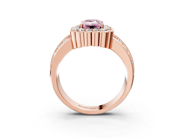 Rose gold Fancy Pink Emerald Cut Halo Diamond Split Shank Ring with Scalloped Prong Setting