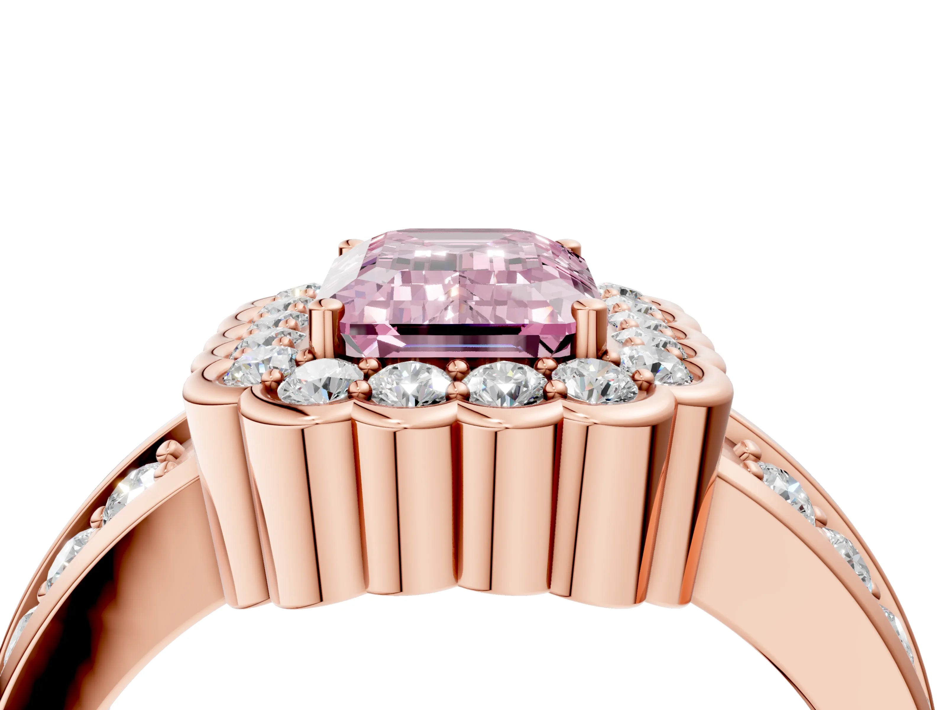 Rose gold Fancy Pink Emerald Cut Halo Diamond Split Shank Ring with Scalloped Prong Setting_4
