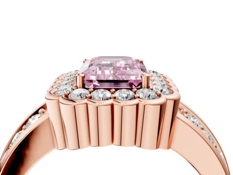 Rose gold Fancy Pink Emerald Cut Halo Diamond Split Shank Ring with Scalloped Prong Setting_4