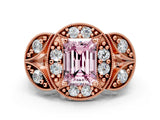 Rose gold Fancy Pink Emerald Cut Halo Milgrain Diamond Engagement Ring with Leaf Band and Four-Prong Setting