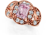 Rose gold Fancy Pink Emerald Cut Halo Milgrain Diamond Engagement Ring with Leaf Band and Four-Prong Setting_1