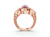 Rose gold Fancy Pink Emerald Cut Halo Milgrain Diamond Engagement Ring with Leaf Band and Four-Prong Setting_3