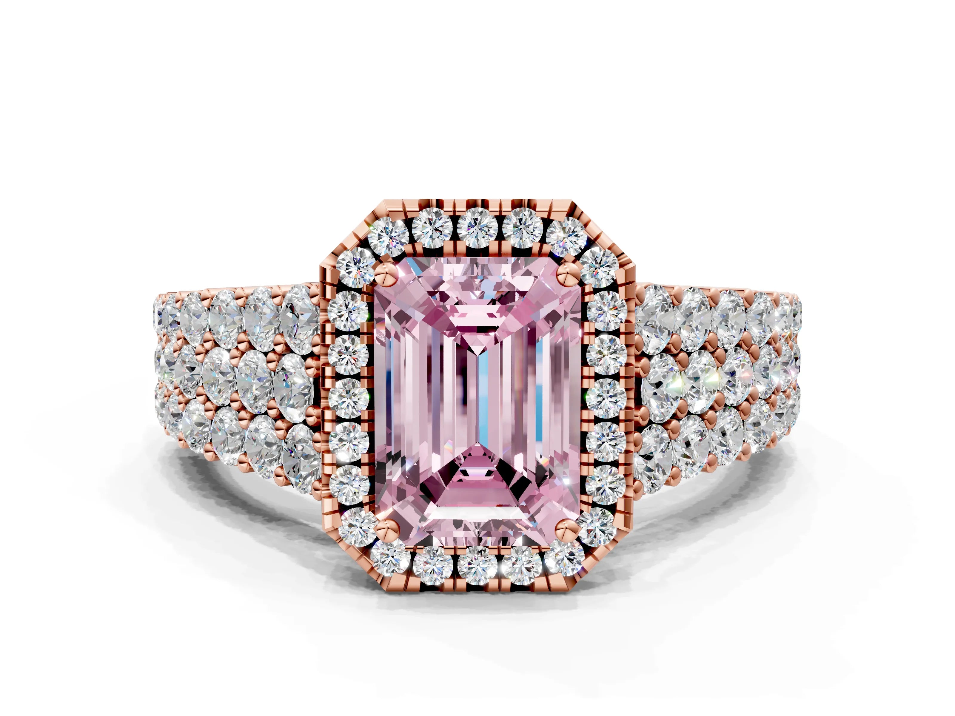 Rose gold Fancy Pink Emerald Cut Halo Pavé Diamond Engagement Ring with Split Shank and Four-Prong Setting_3