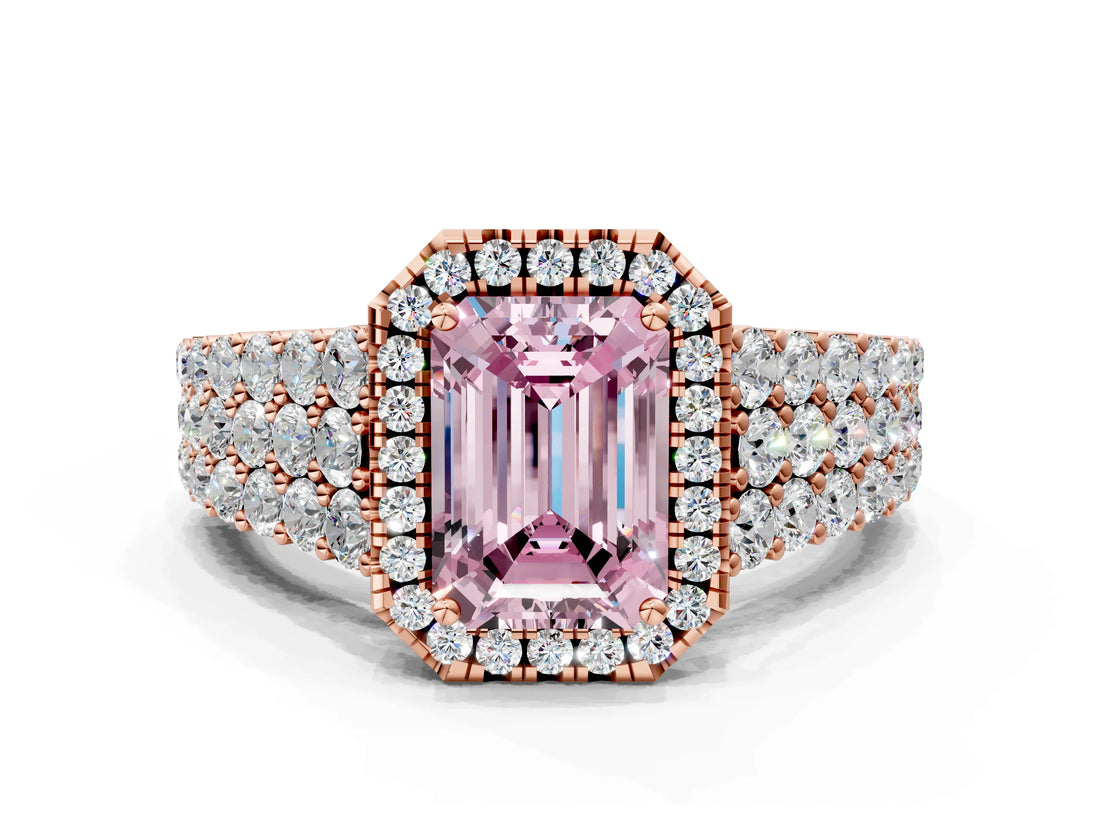 Rose gold Fancy Pink Emerald Cut Halo Pavé Diamond Engagement Ring with Split Shank and Four-Prong Setting_3