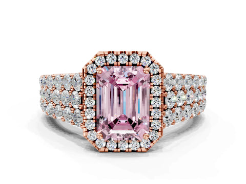 Rose gold Fancy Pink Emerald Cut Halo Pavé Diamond Engagement Ring with Split Shank and Four-Prong Setting_3