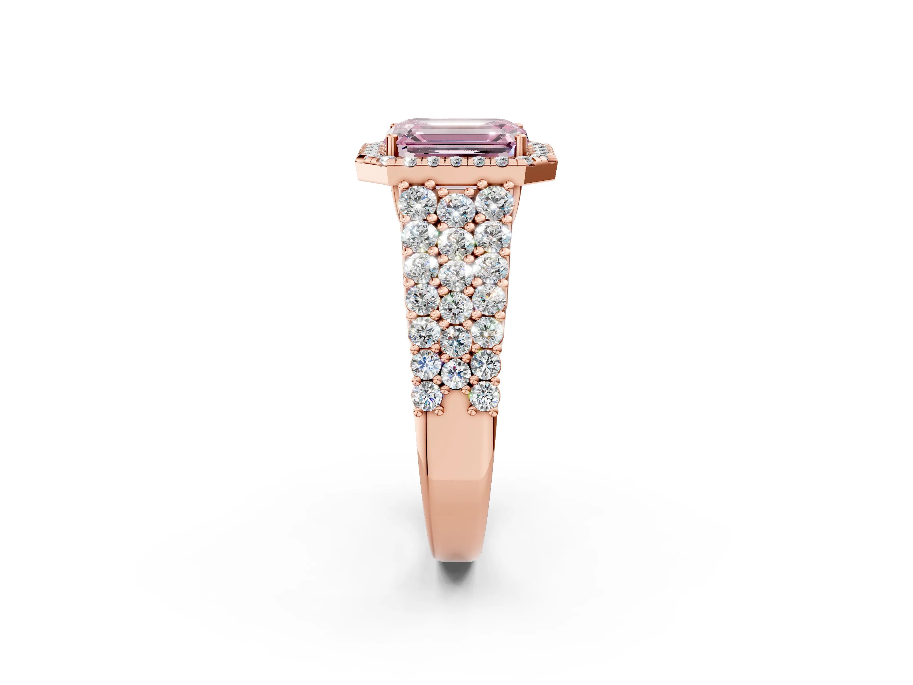 Rose gold Fancy Pink Emerald Cut Halo Pavé Diamond Engagement Ring with Split Shank and Four-Prong Setting_5