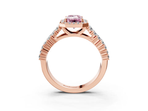 Rose gold Fancy Pink Emerald Cut Halo Pavé Diamond Engagement Ring with Split Shank and Four-Prong Setting_6