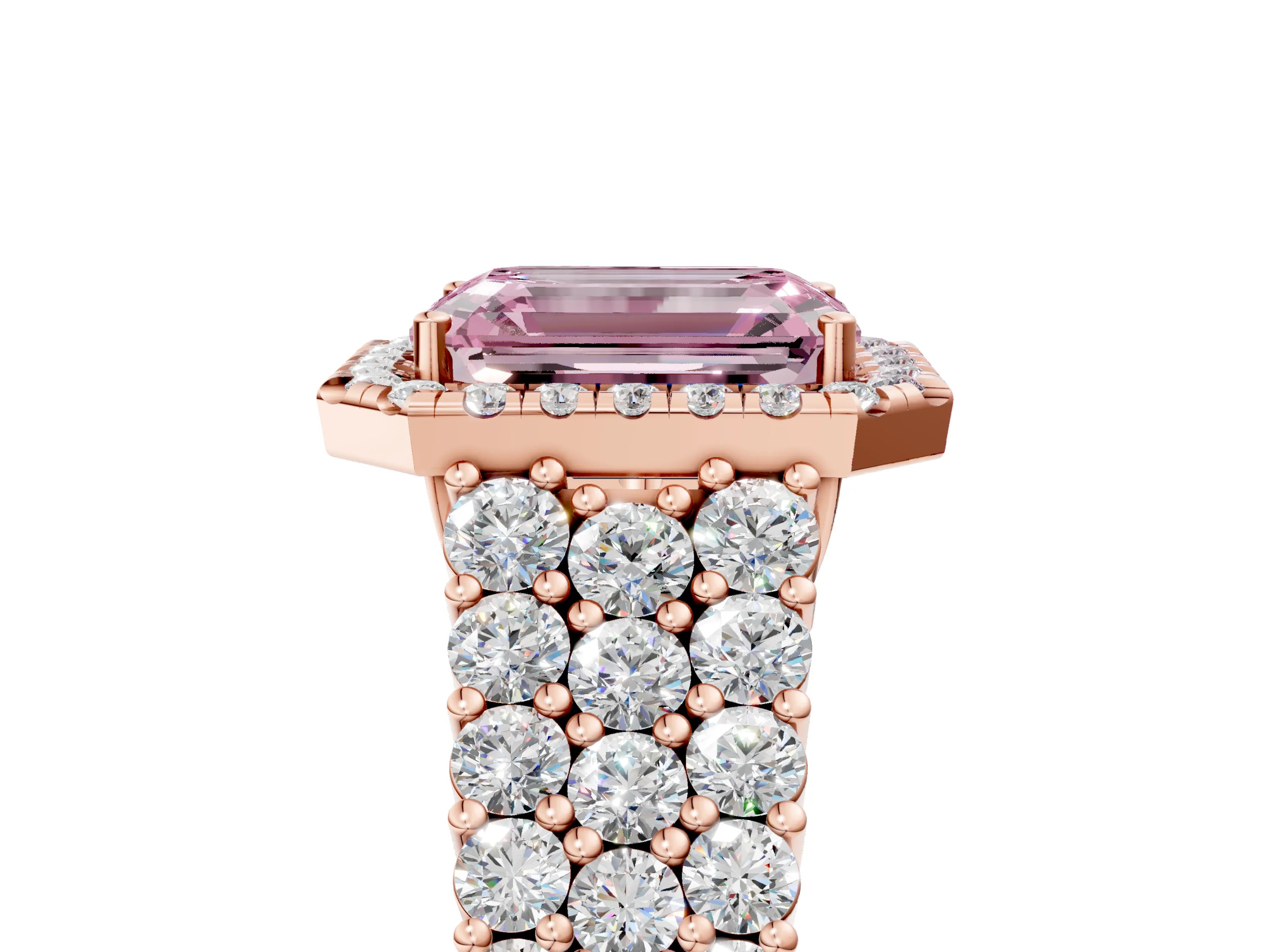 Rose gold Fancy Pink Emerald Cut Halo Pavé Diamond Engagement Ring with Split Shank and Four-Prong Setting_8