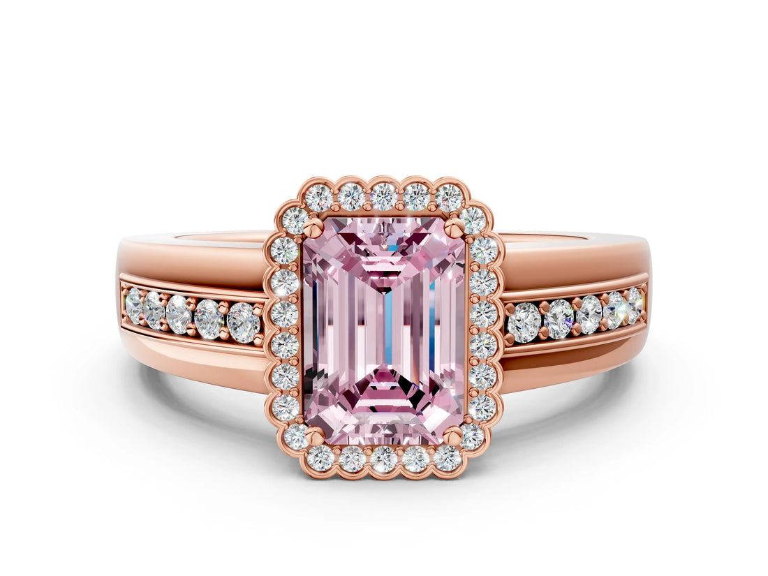 Rose gold Fancy Pink Emerald  Cut Halo Pave Band Four-Prong Ring_49