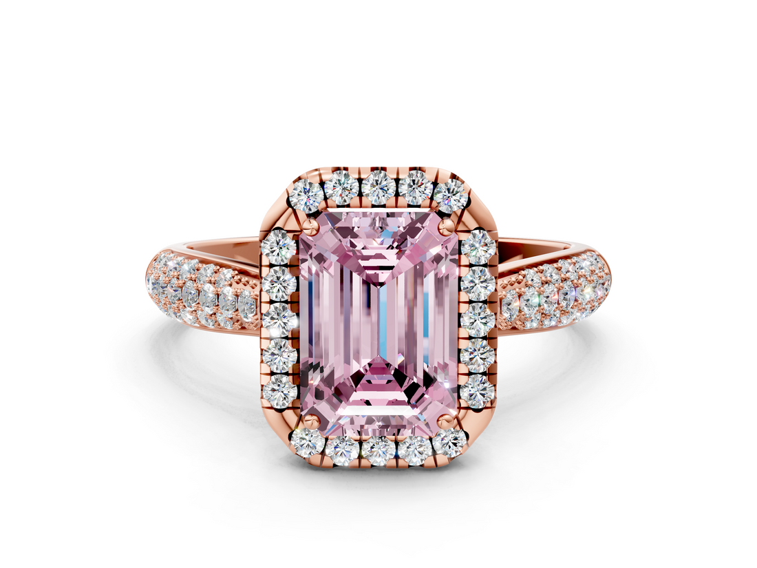 Rose gold Fancy Pink Emerald  Cut Halo Pave Band Four-Prong Setting Ring_37