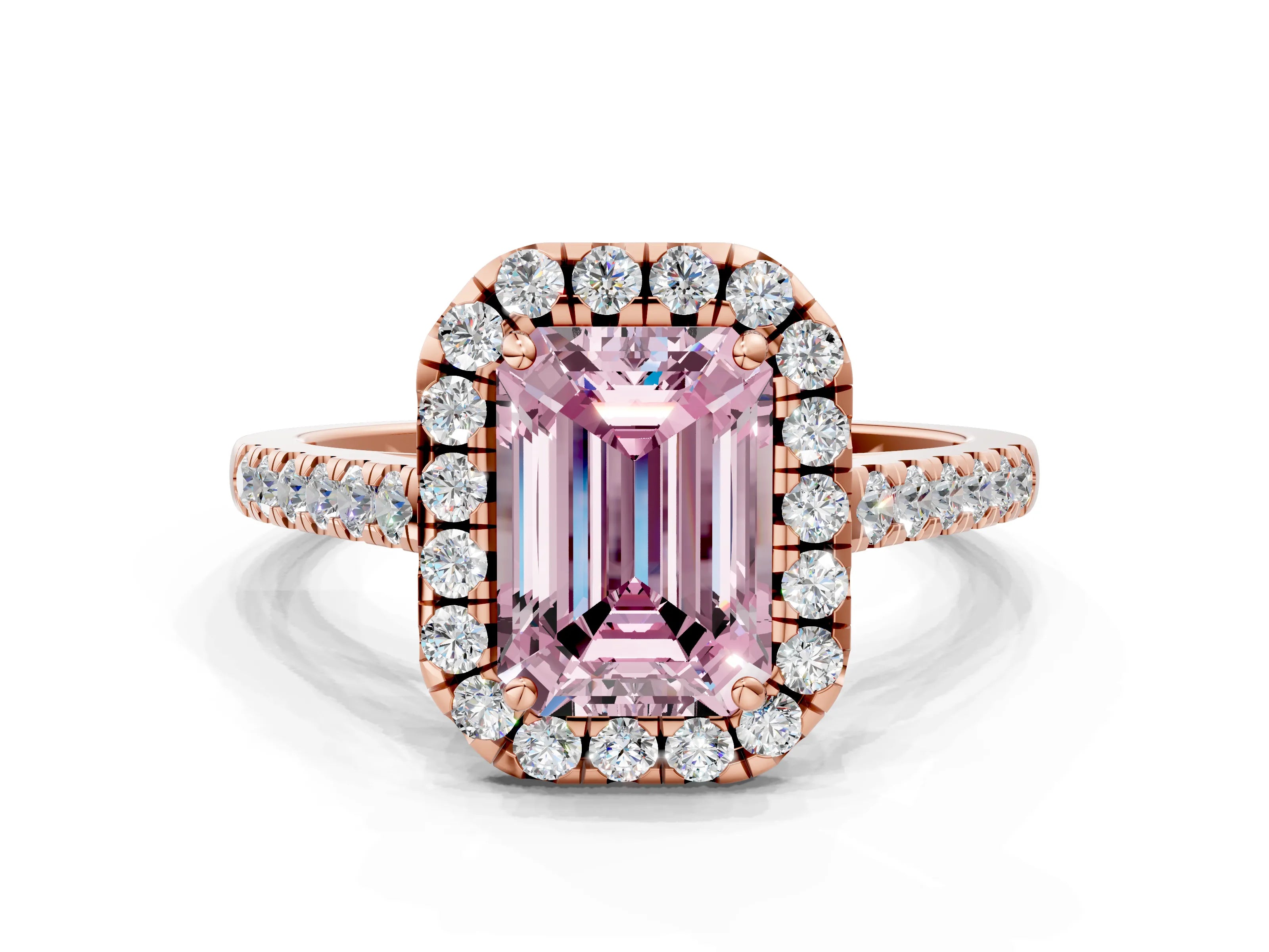 Rose gold Fancy Pink Emerald Cut Halo Pave Diamond Engagement Ring with Four-Prong Setting