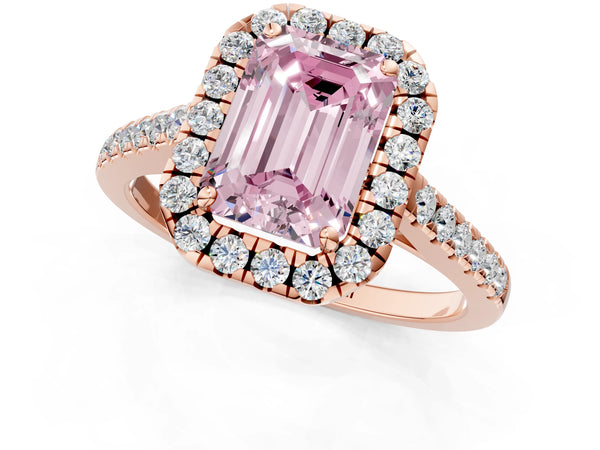 Rose gold Fancy Pink Emerald Cut Halo Pave Diamond Engagement Ring with Four-Prong Setting