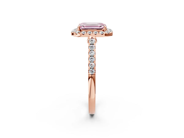 Rose gold Fancy Pink Emerald Cut Halo Pave Diamond Engagement Ring with Four-Prong Setting