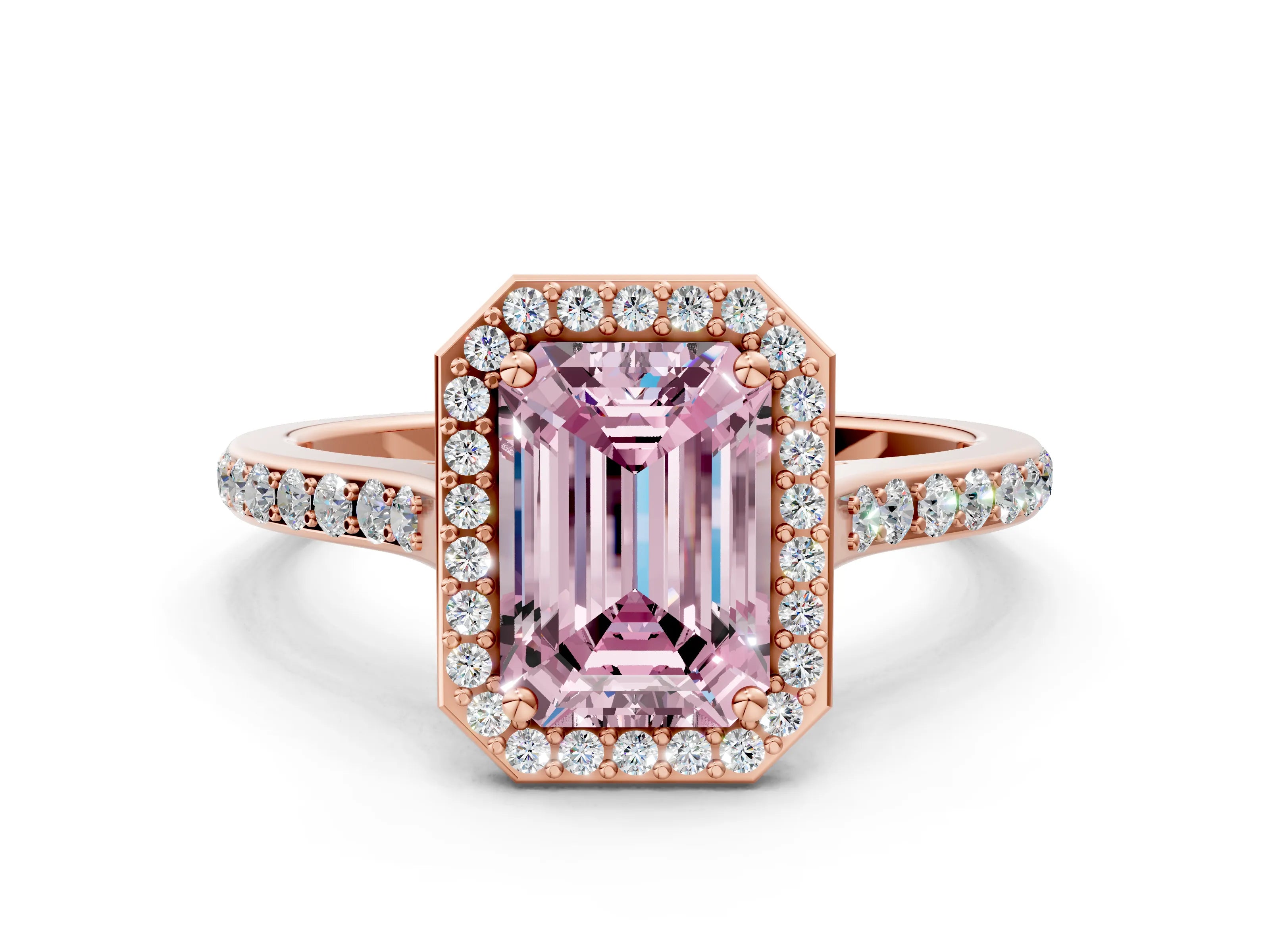 Rose gold Fancy Pink Emerald Cut Halo Round Diamond Pavé Band with Four-Prong Setting_3