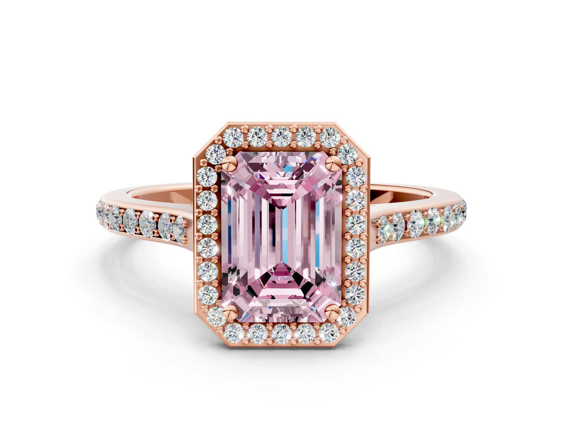Rose gold Fancy Pink Emerald Cut Halo Round Diamond Pavé Band with Four-Prong Setting_3