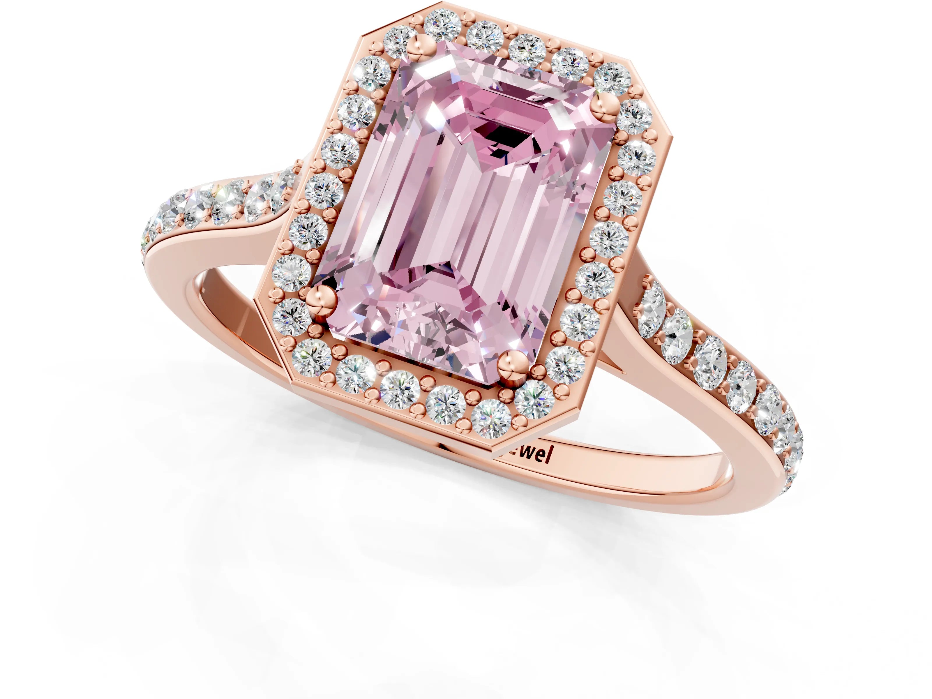 Rose gold Fancy Pink Emerald Cut Halo Round Diamond Pavé Band with Four-Prong Setting_4