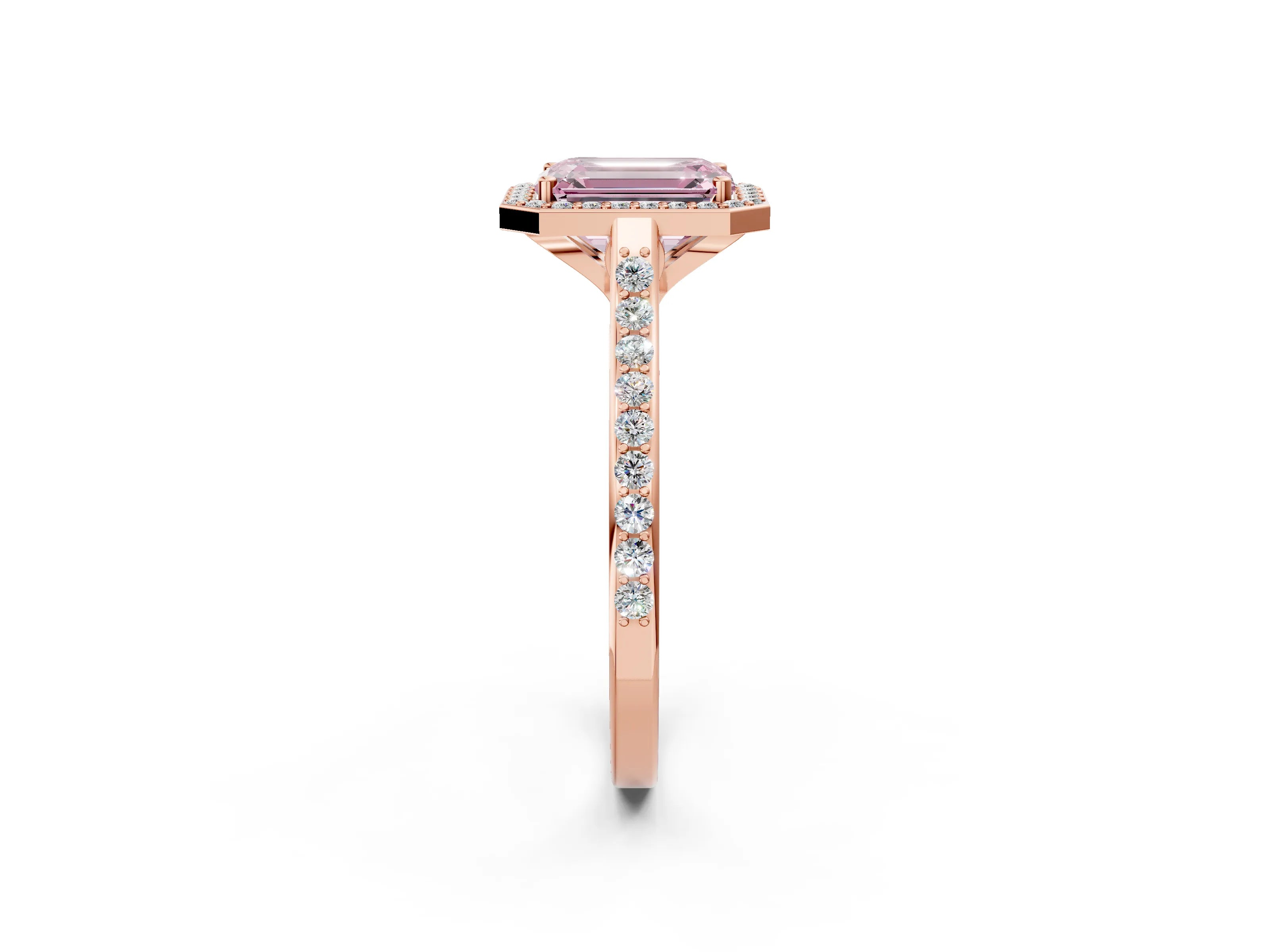 Rose gold Fancy Pink Emerald Cut Halo Round Diamond Pavé Band with Four-Prong Setting_5