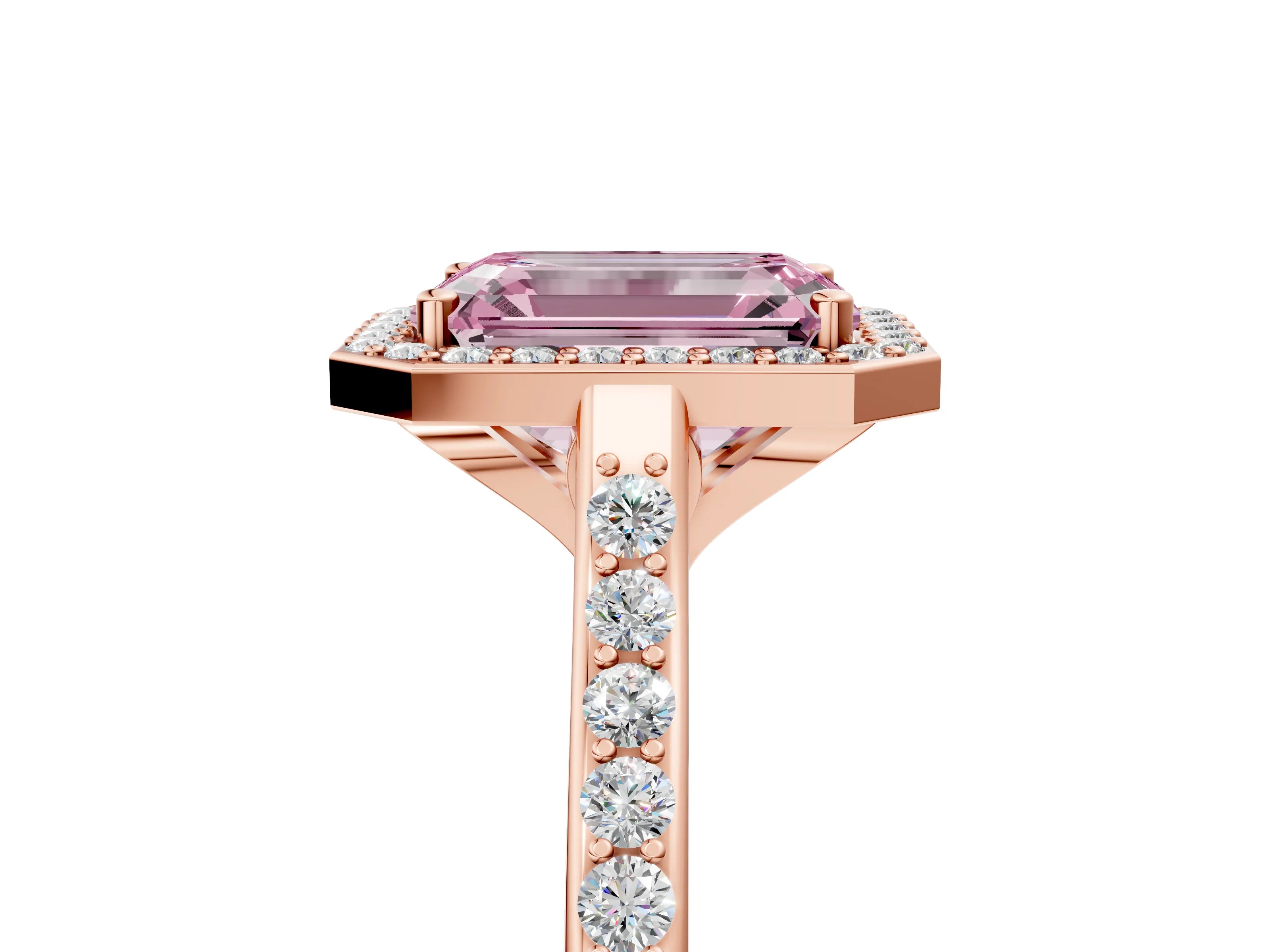 Rose gold Fancy Pink Emerald Cut Halo Round Diamond Pavé Band with Four-Prong Setting_8
