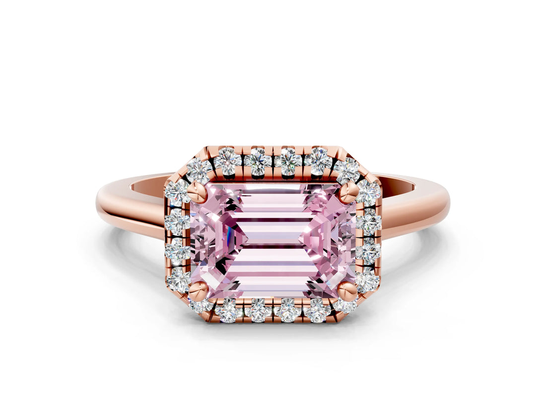 Rose gold Fancy Pink Emerald Cut Halo Round Diamond Solitaire Engagement Ring with Pave Band and Four-Prong Setting_12