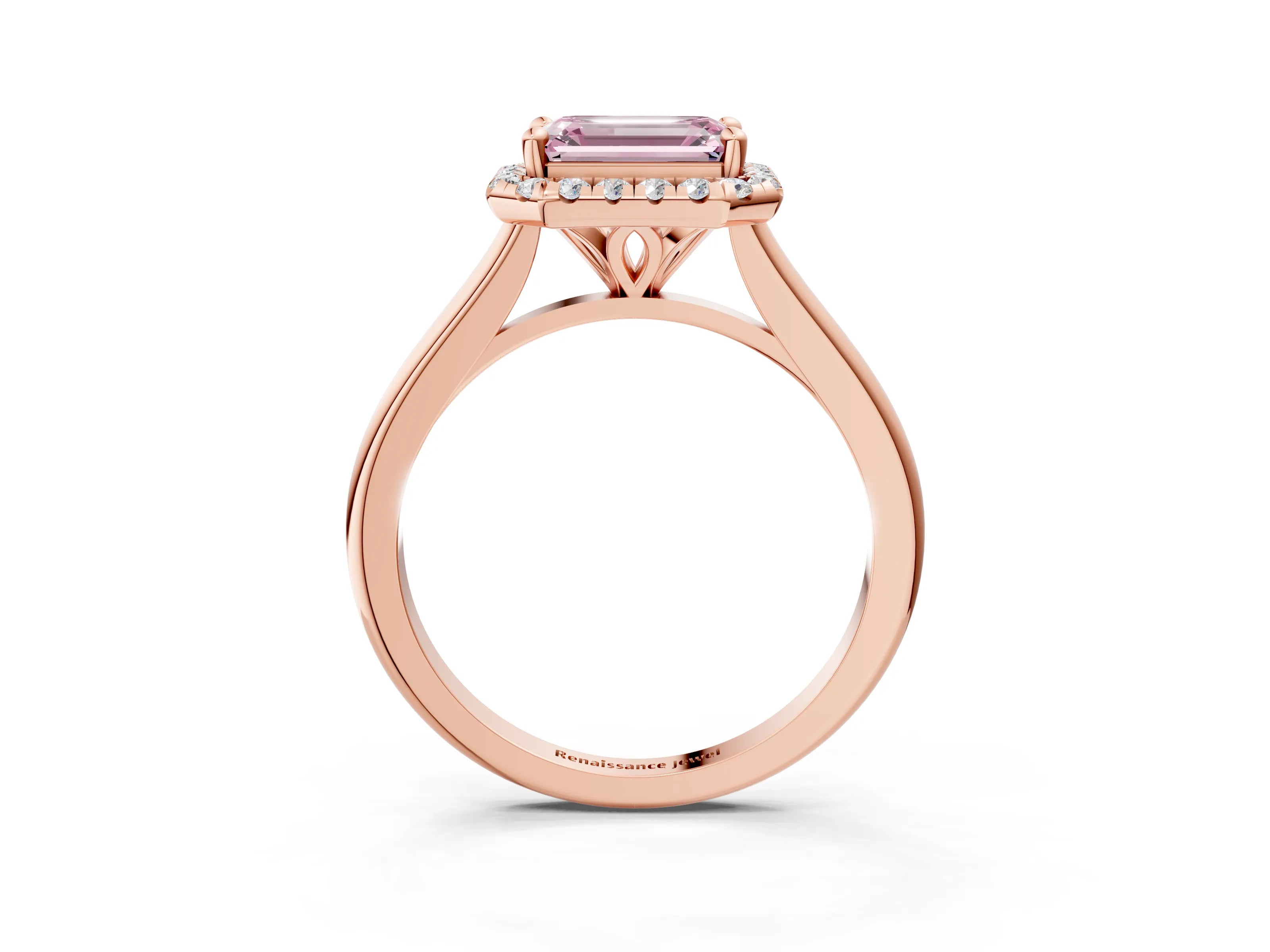 Rose gold Fancy Pink Emerald Cut Halo Round Diamond Solitaire Engagement Ring with Pave Band and Four-Prong Setting_15