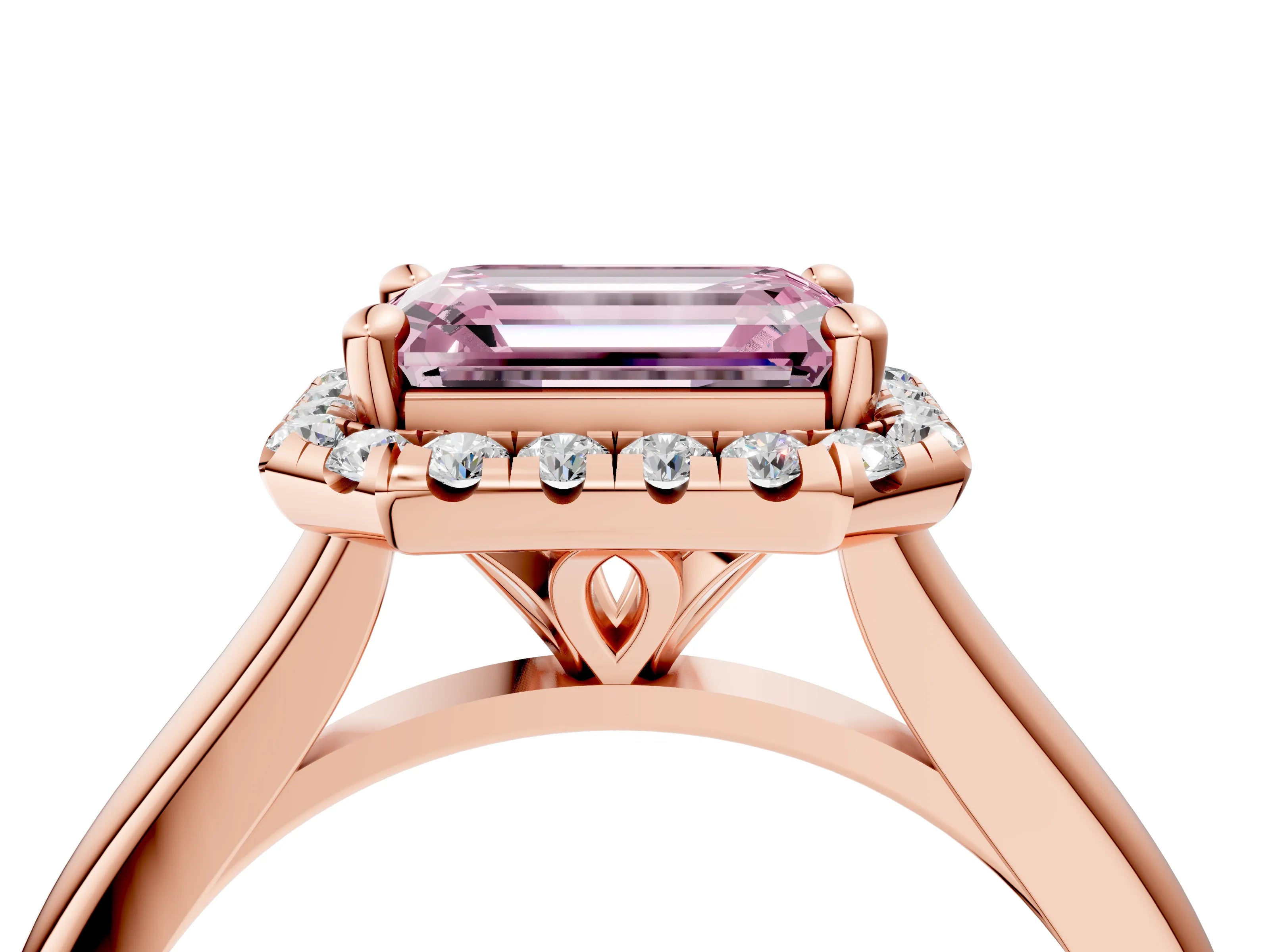 Rose gold Fancy Pink Emerald Cut Halo Round Diamond Solitaire Engagement Ring with Pave Band and Four-Prong Setting_16