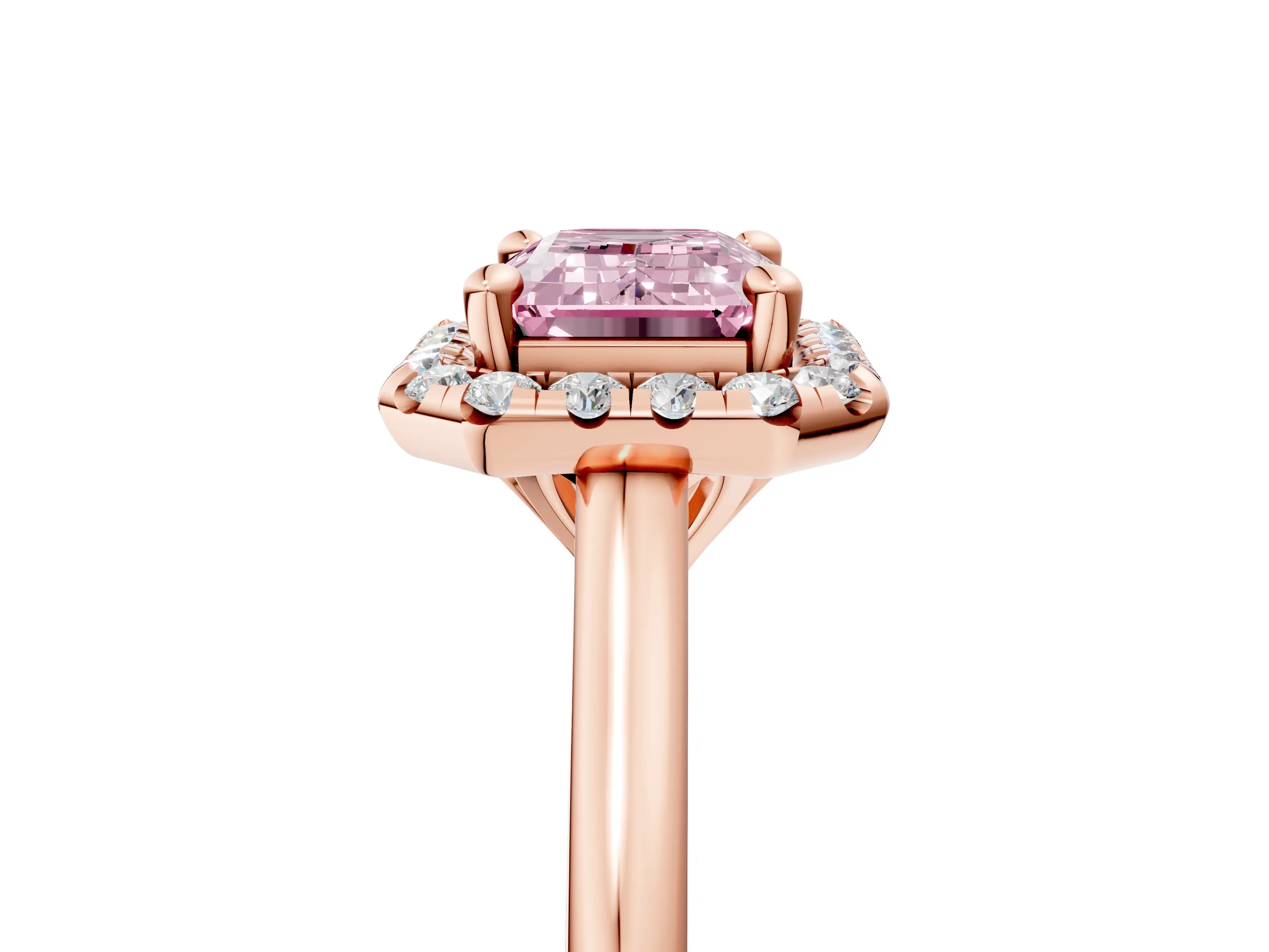 Rose gold Fancy Pink Emerald Cut Halo Round Diamond Solitaire Engagement Ring with Pave Band and Four-Prong Setting_17