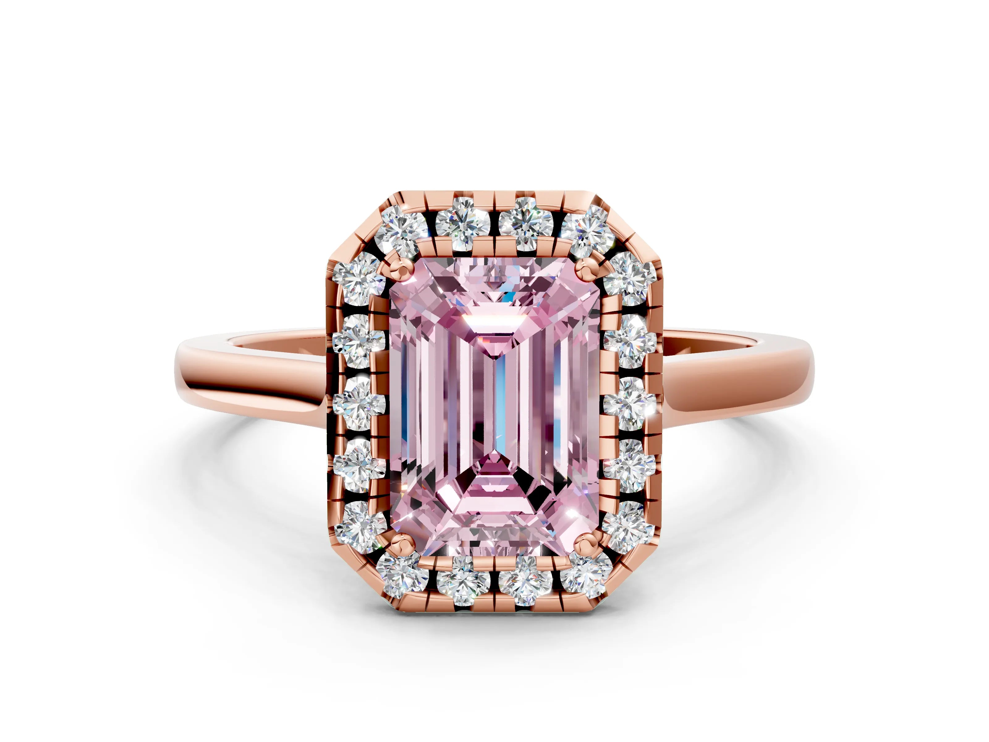 Rose gold Fancy Pink Emerald Cut Halo Round Diamond Solitaire Ring with Pavé Band and Four-Prong Setting