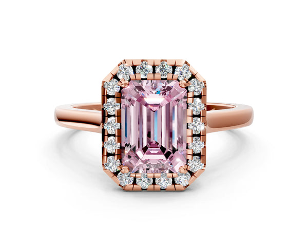 Rose gold Fancy Pink Emerald Cut Halo Round Diamond Solitaire Ring with Pavé Band and Four-Prong Setting