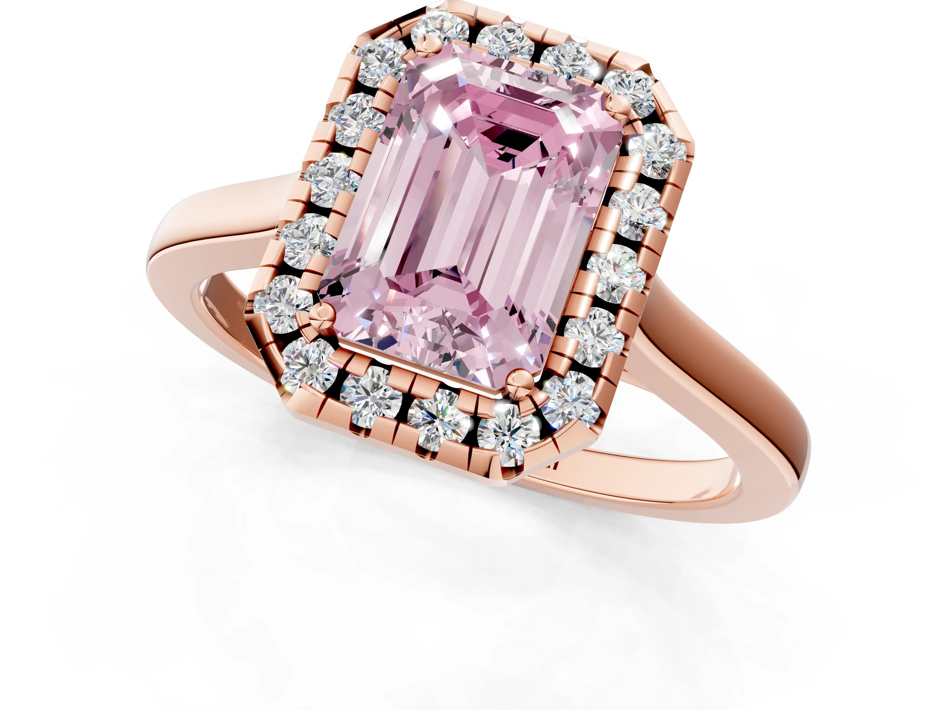 Rose gold Fancy Pink Emerald Cut Halo Round Diamond Solitaire Ring with Pavé Band and Four-Prong Setting_1