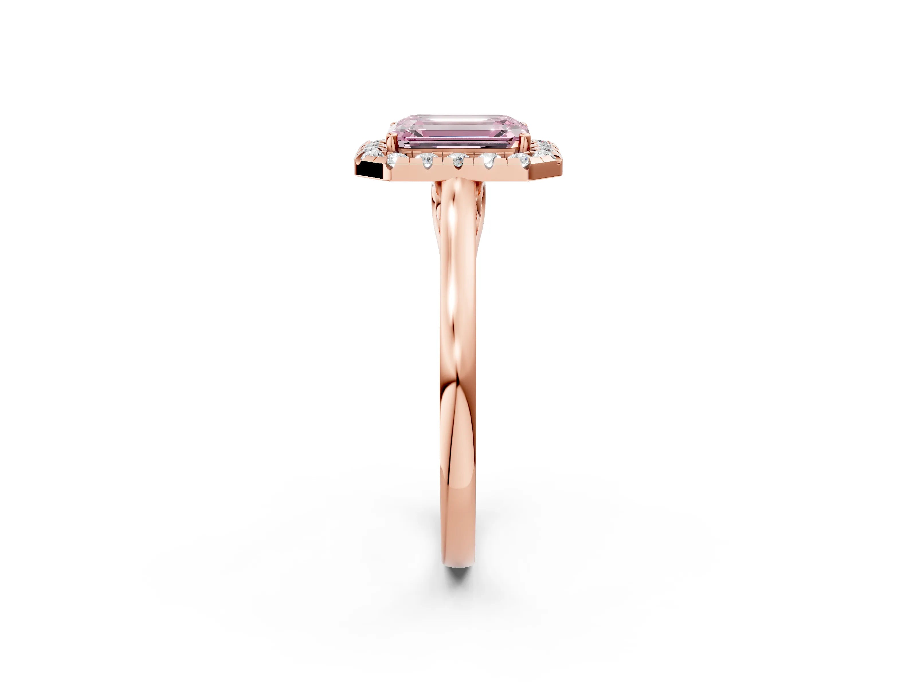 Rose gold Fancy Pink Emerald Cut Halo Round Diamond Solitaire Ring with Pavé Band and Four-Prong Setting_2