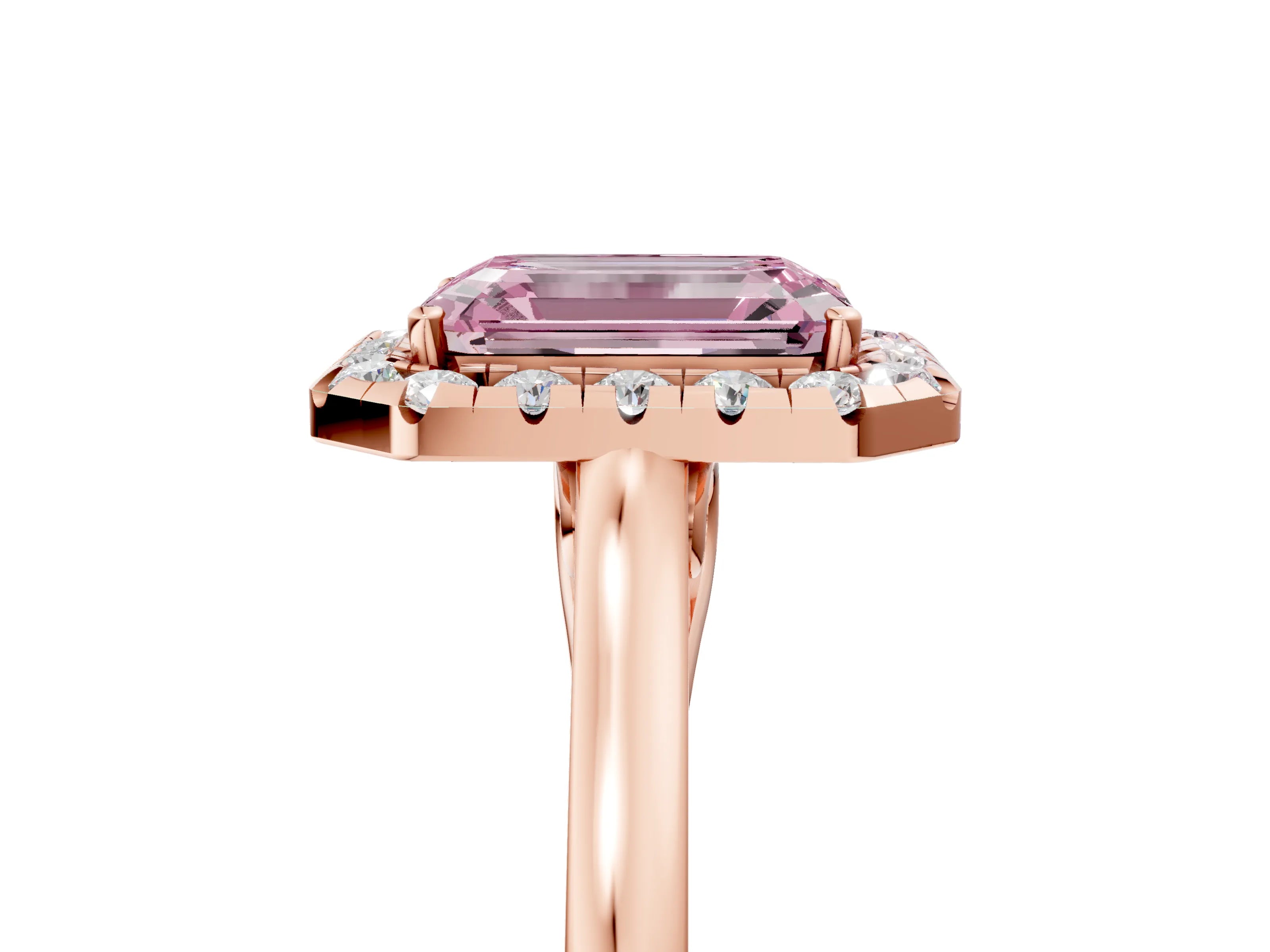 Rose gold Fancy Pink Emerald Cut Halo Round Diamond Solitaire Ring with Pavé Band and Four-Prong Setting_5