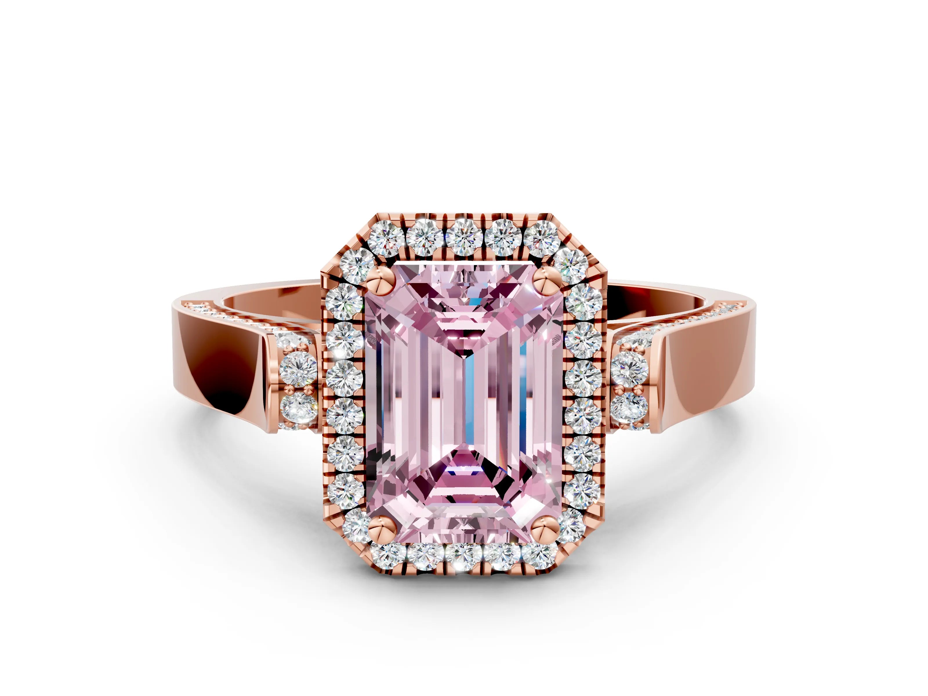 Rose gold Fancy Pink Emerald Cut Halo Round Diamond Twist Band with Four-Prong Setting