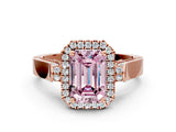 Rose gold Fancy Pink Emerald Cut Halo Round Diamond Twist Band with Four-Prong Setting