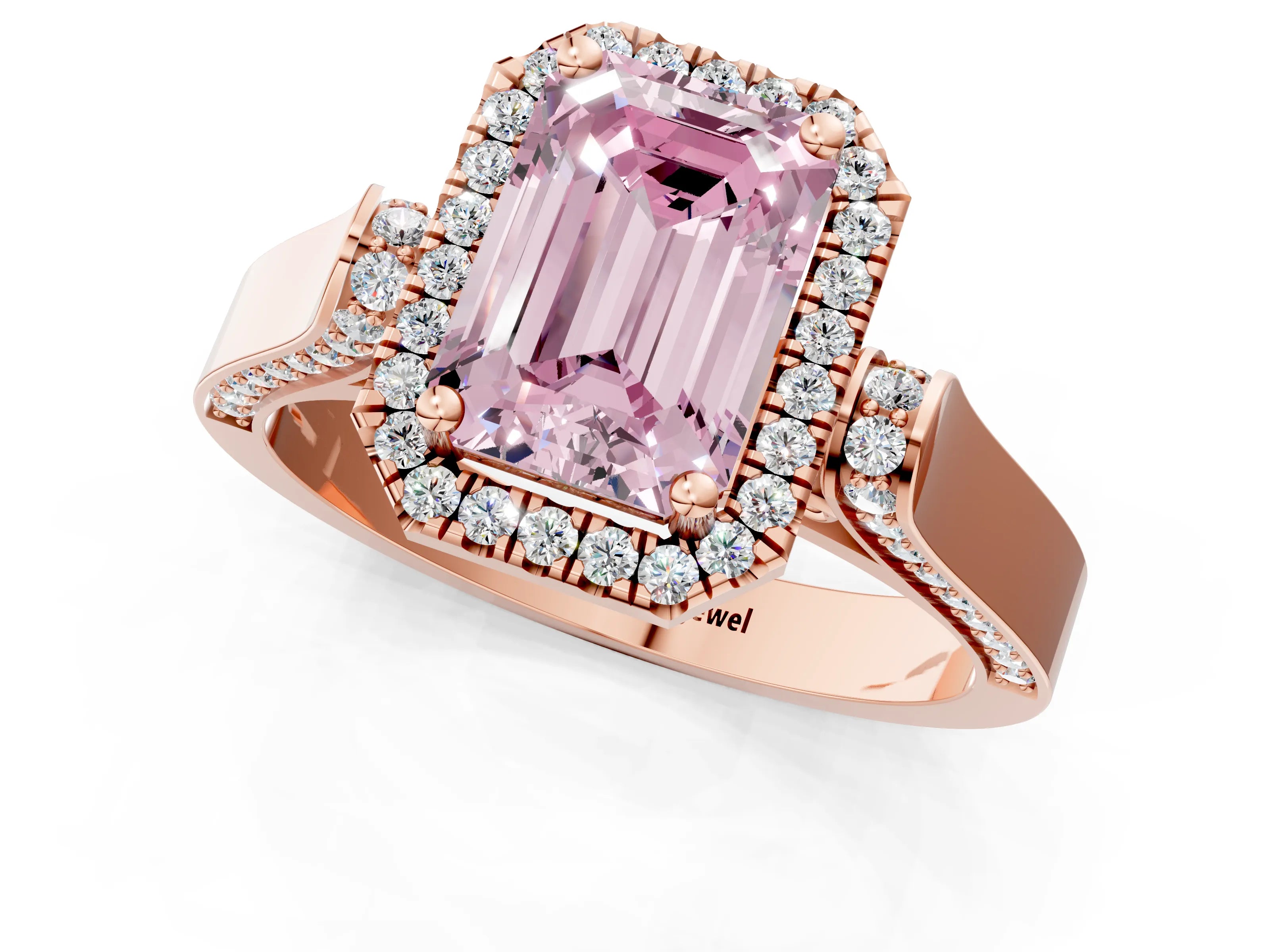 Rose gold Fancy Pink Emerald Cut Halo Round Diamond Twist Band with Four-Prong Setting_1