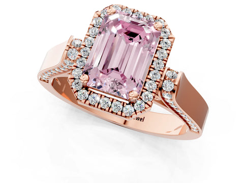 Rose gold Fancy Pink Emerald Cut Halo Round Diamond Twist Band with Four-Prong Setting_1