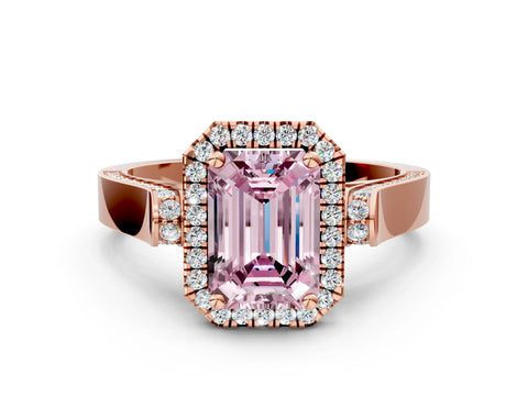 Rose gold Fancy Pink Emerald Cut Halo Round Diamond Twist Band with Four-Prong Setting