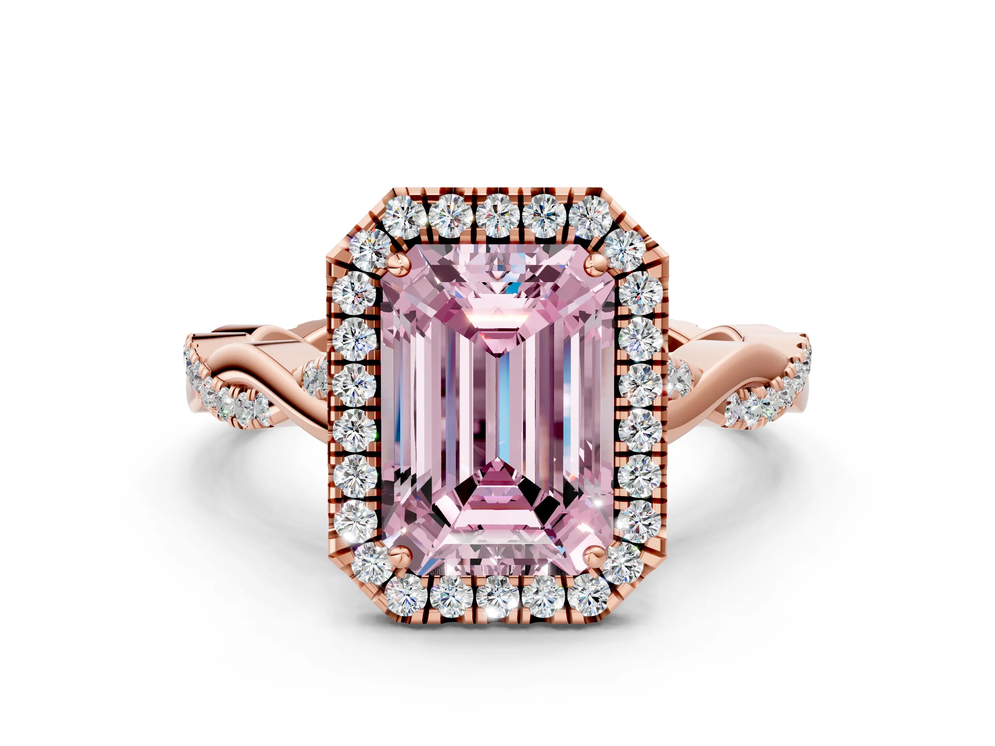 Rose gold Fancy Pink Emerald Cut Halo Twist Band with Four-Prong Setting
