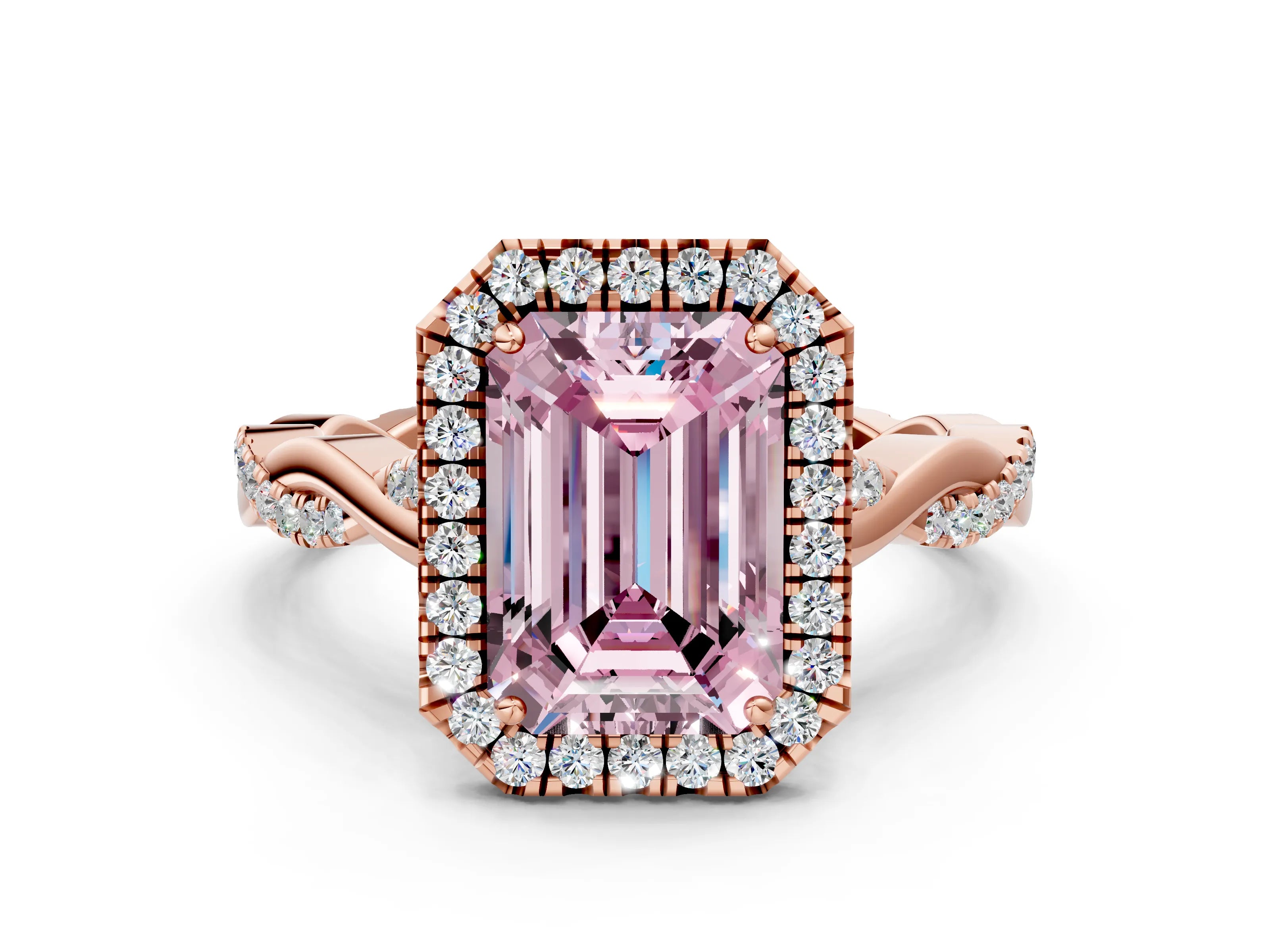 Rose gold Fancy Pink Emerald Cut Halo Twist Band with Four-Prong Setting_12